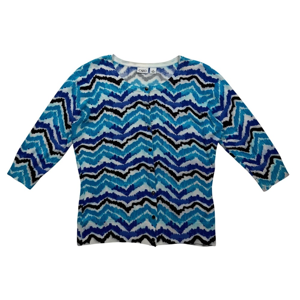Cato Blue Turquoise Chevron Print Cardigan Sweater 3/4 Sleeve Small